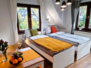 pokój z dwoma łóżkami pojedynczymi i stolikiem