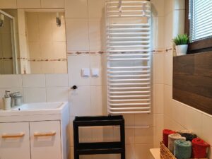 łazienka z lustrem, szafką i kaloryferem