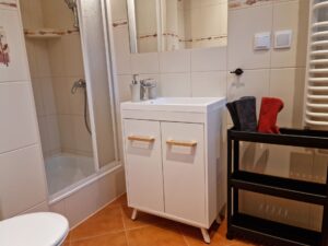 łazienka z prysznicem, białą szafka z umywalką