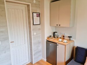 białę drzwi i szare szafki oraz lodówka, na środku w ramce infografika opisująca kwiat