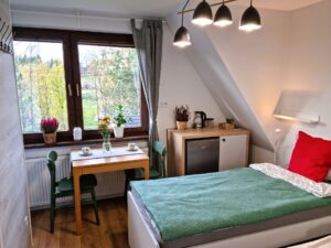 pokój z łóżkiem, małym stołem i lodówką